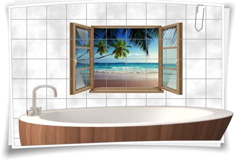 Es gibt die fliesen folie selbstklebend in unterschiedlichen ausführungen. Fliesen-Aufkleber Fliesen-Bild Fenster Strand Palmen Meer ...