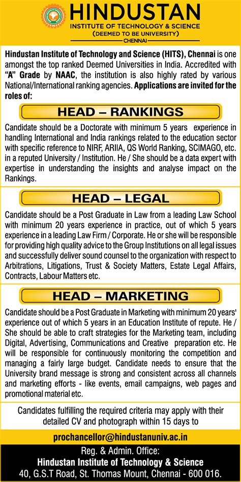 head rankings job vacancy at hindustan institute of technology and science