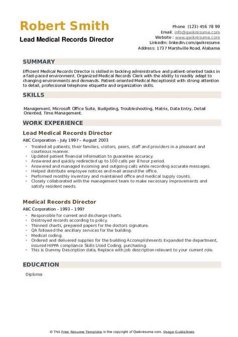To land that dream medical job, you need a perfect medical resume. Medical Records Director Resume Samples | QwikResume