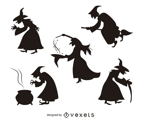 5 Halloween Witch Silhouettes Vector Download