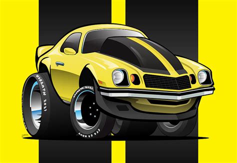 Seventies Classic American Muscle Car Cartoon In Yellow And Black