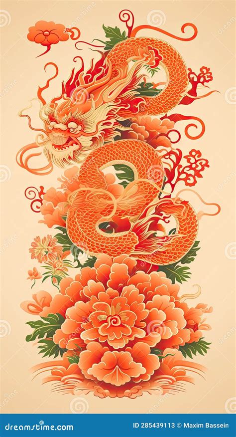 Drawing Of A Red Chinese Dragon In A Traditional Folk Style Generated