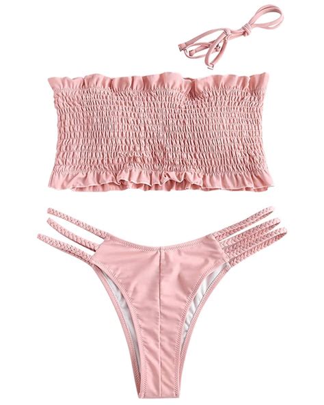 Zaful Ruffles Braided Smocked Bikini Set Jessie J Pink Strapless