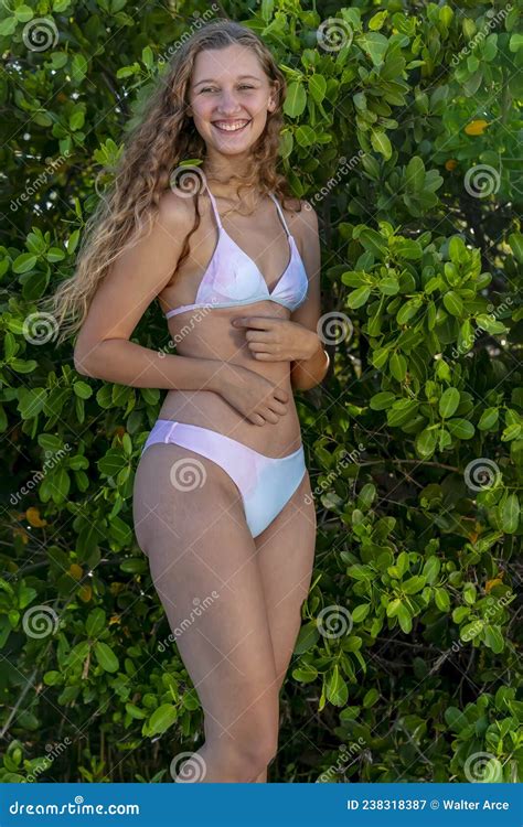 Lovely Blonde Bikini Model Posing Outdoors On A Caribbean Beach Stock Image Image Of
