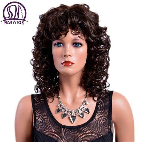Msiwigs Brown Curly Synthetic Wigs With Bangs Heat Resistant Afro