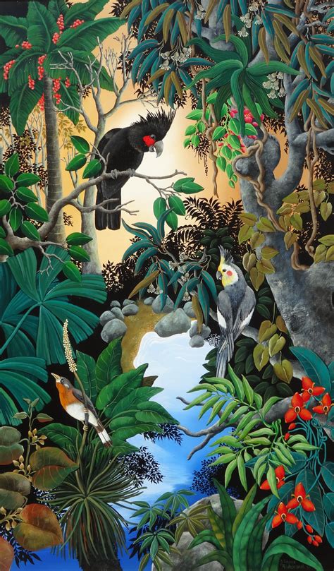 Tropical rainforest drawing with animals. PALM COCKATOO IN A TROPICAL FOREST by Johanna Hildebrandt