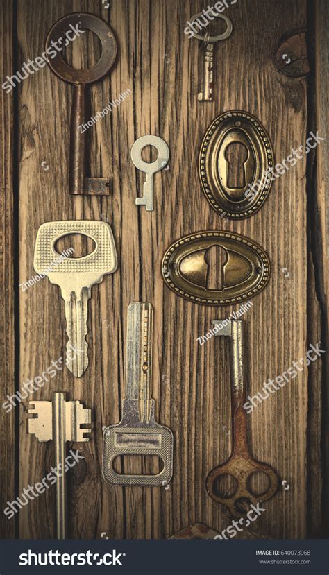 Set Vintage Keys Keyholes On Wooden Stock Photo 640073968 Shutterstock