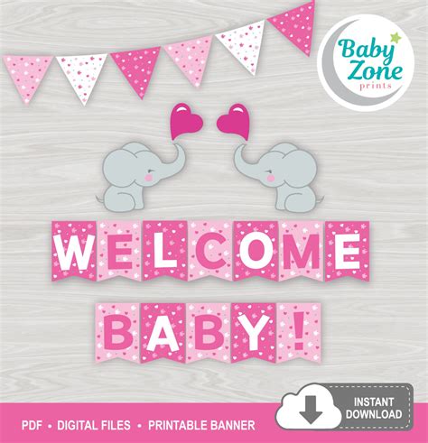 Welcome Baby Printable Banner Baby Girl Elephant Baby Shower Etsy