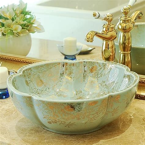 Flower Blue Color Ceramic Counter Top Wash Basin Cloakroom Hand Painted