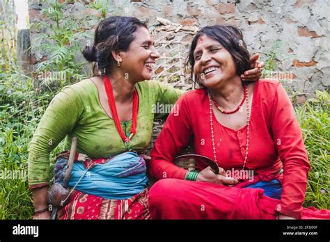 Happy Nepali Women On Traditional Attire In The Rural Village Of Nepal Nepalese Women Stock