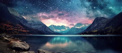 Starry Night Sky With Stars And Milky Way Over Mountains And Lake