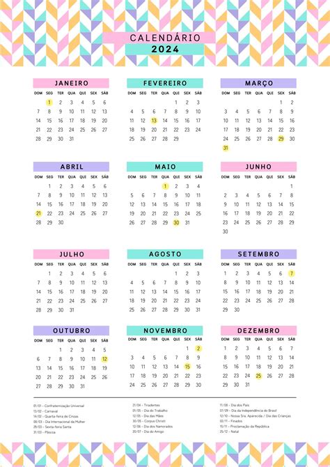 8 Modelos De Calendário 2024 Com Feriados Para Imprimir