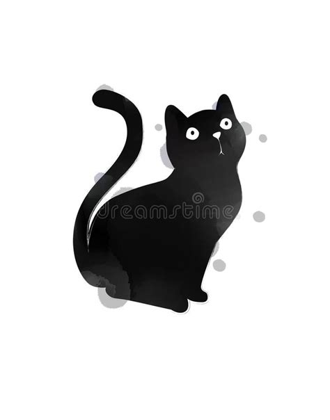 Silhouette Of Cute Watercolor Black Cat Digital Art Painting Stock