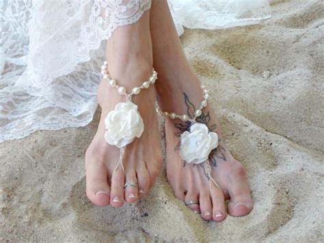 wedding barefoot sandals satin flower pearls bridal beach sandals barefoot jewelry bride wedding