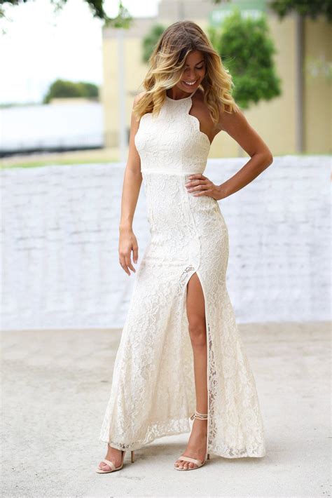 Beige Lace Maxi Dress With Side Slit Long Dresses Saved By The Dress