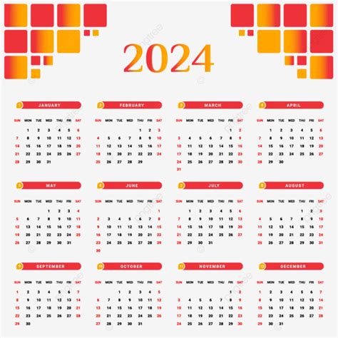 Calendario 2024 Dal Design Unico Rosso E Giallo Vettore Calendario