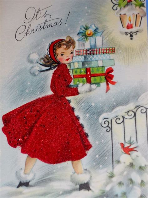 Vintage Christmas Card Girl W Red Flocked Glittered Dress Delivers