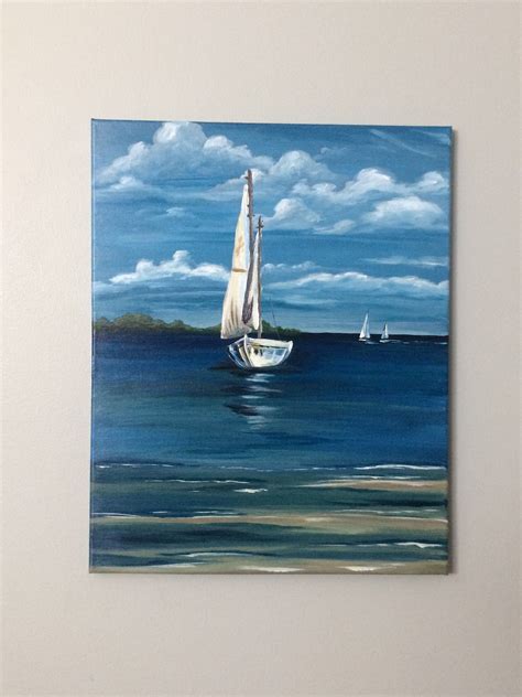 Sailboat Painting Original Acrylic Water Ocean Scenery Blue Sky