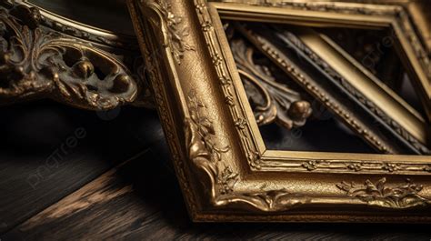 Antique Gold Frames In Antique Look On Wooden Table Background Antique