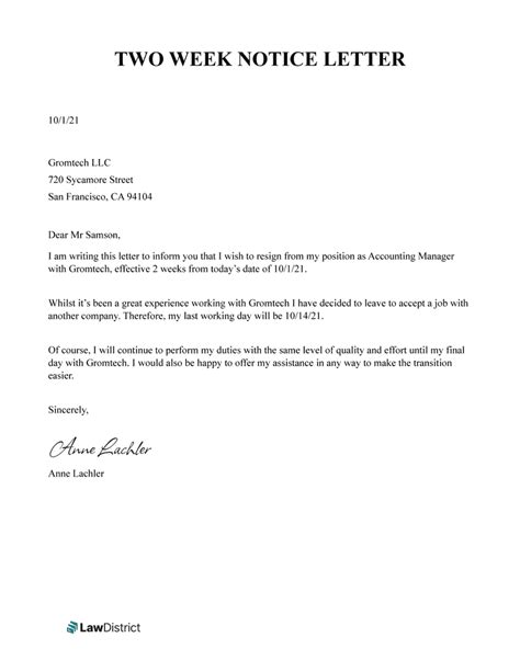 Two Weeks Notice Resignation Letter Examples Format 48 OFF