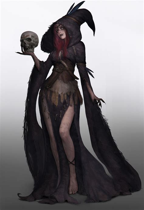 a woman dressed in black holding a skull and wearing a long dress with feathers on it