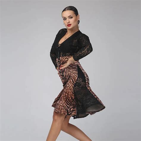 Lace Dance Dress Women Tango Dress Female Print Splicing Salsa Rumba Costumes Leopard Latin
