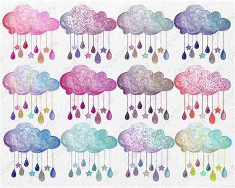 Rainbow Rain Clouds Clipart Commercial Use Clip Art Watercolor Etsy