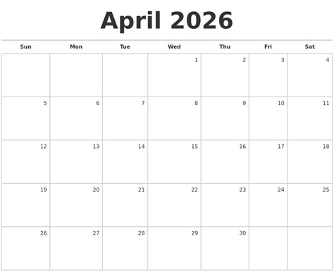 April 2026 Blank Monthly Calendar
