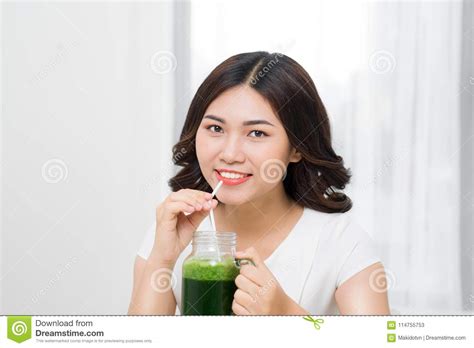 Healthy Meal Happy Beautiful Smiling Woman Drinking Green Detox Stock Image Image Of Woman