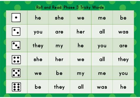 Roll And Read Tricky Words Phase 2 5 Teaching Resources