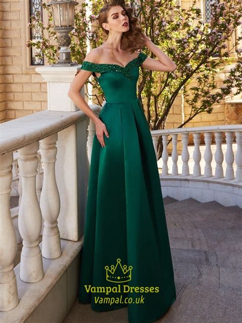 Emerald Green Off The Shoulder Satin A Line Floor Length Prom Dress