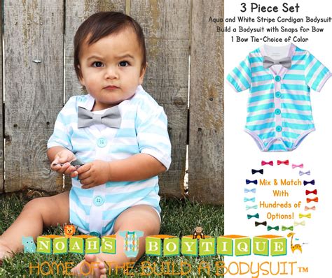 Baby Boy Cardigan Outfit With Bow Tie Aqua Blue And Grey Preppy Baby