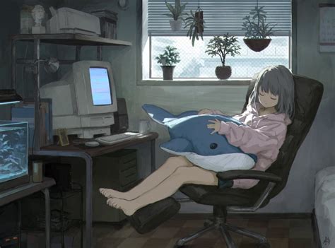 Sleeping By The Computer Original Kawaii Anime Girl Anime Art Girl