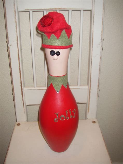 Upcycled Bowling Pin Jolly The Elf Bowling Pin Crafts Bowling Ball