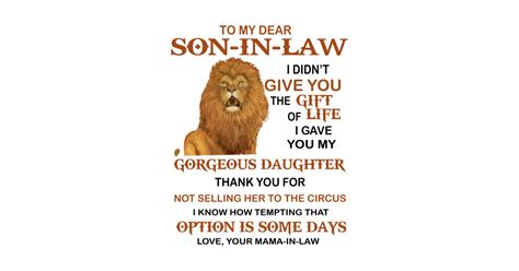 To My Dear Son In Law Funny Lion Sayings T From Mama For Son In Law To My Dear Son In Law