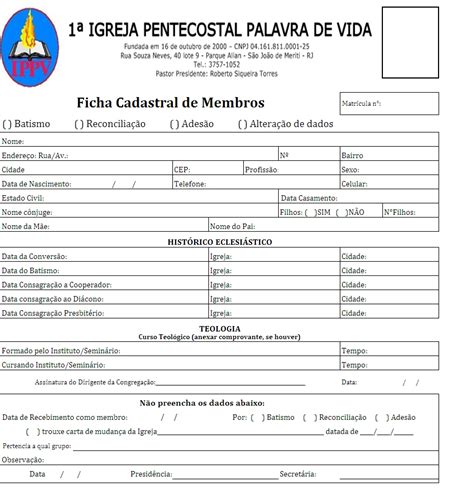 Ficha De Membro Igreja Pdf