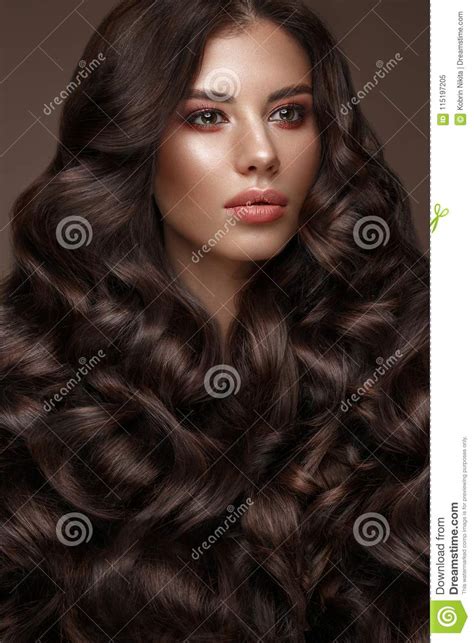 Beautiful Brunette Model Curls Classic Makeup And Full