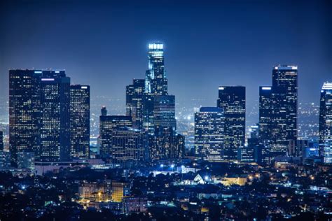 Los Angeles Skyline By Night California Usa Stock Photo Download