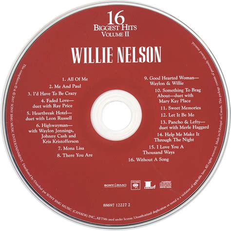 car tula cd de willie nelson 16 biggest hits volume ii portada