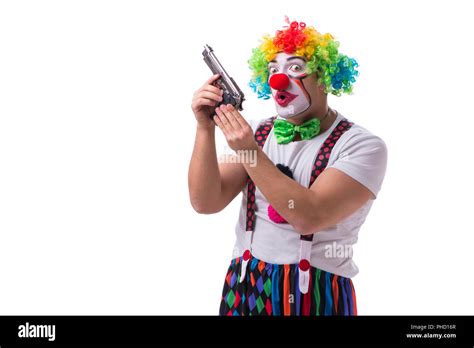 Funny Clown With A Gun Pistol Isolated On White Background Stock Photo
