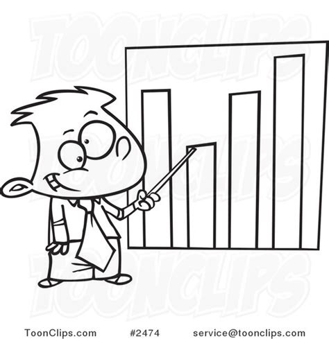 Cartoon Black And White Line Drawing Of A Businessboy Pointing To A Bar