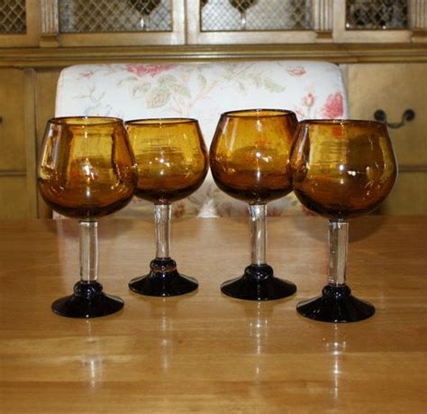 Wine glass, spiraling amber to gold wine glass with meteorite textured glaze, wg #16, ceramic tulip beer glass, ceramic wine chalices, handmade wine goblets. Vintage Amber Goblets Set of 4 Hand Blown Footed Glasses ...