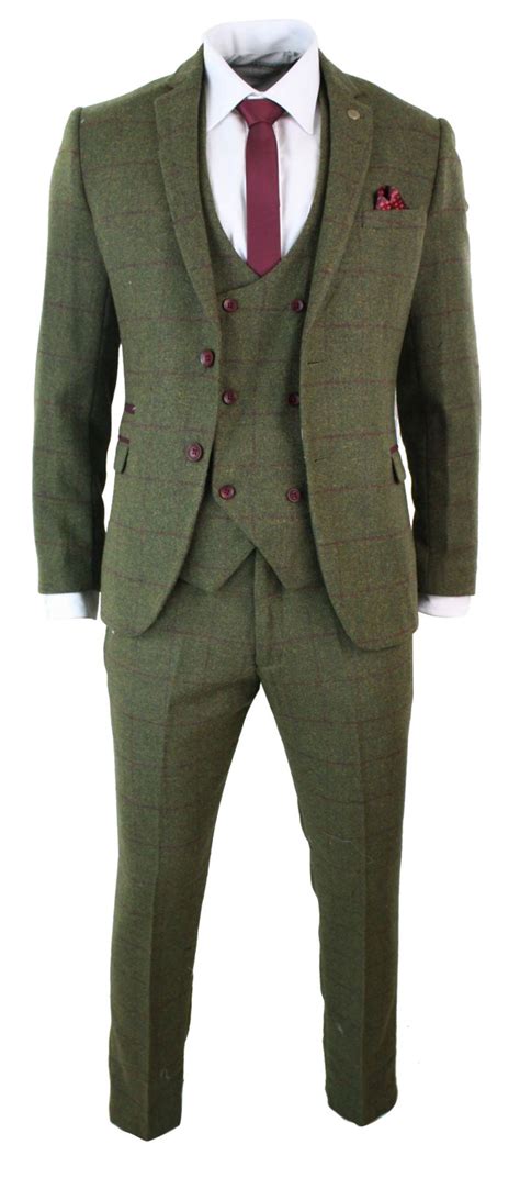 mens 3 piece herringbone tweed olive green wine check suit tailored fit double ebay