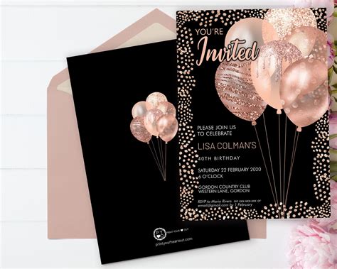 Rose Gold Birthday Balloons Invitation Printable Template Etsy Ireland