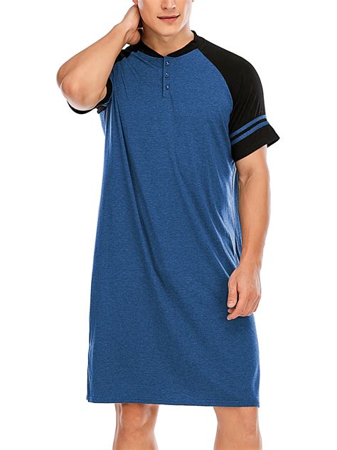 Mens Henley Long Sleep Shirt Nightshirt Short Sleeve Comfy Sleepwear