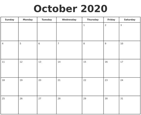 October 2020 Print A Calendar