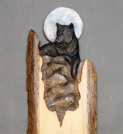 Mystic Grey Wolf Hand Carved On Wood With Barkcottage Deco Etsy