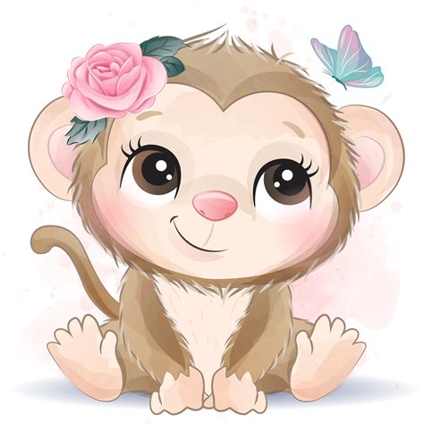 Cute Monkey Clipart With Watercolor Illustration