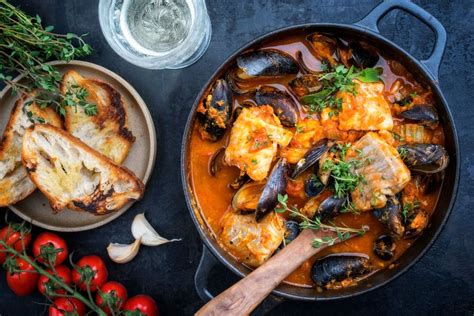 Traditional French Corsican Fish Stew With Mussels And Garlic Toasts