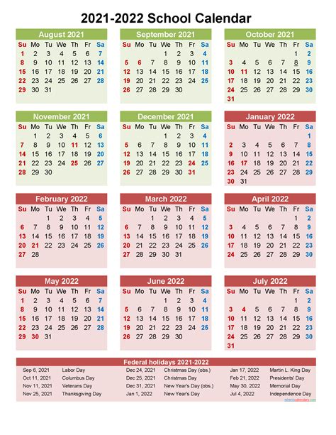 School Calendar 2021 And 2022 Printable Portrait Template Noscl22a28